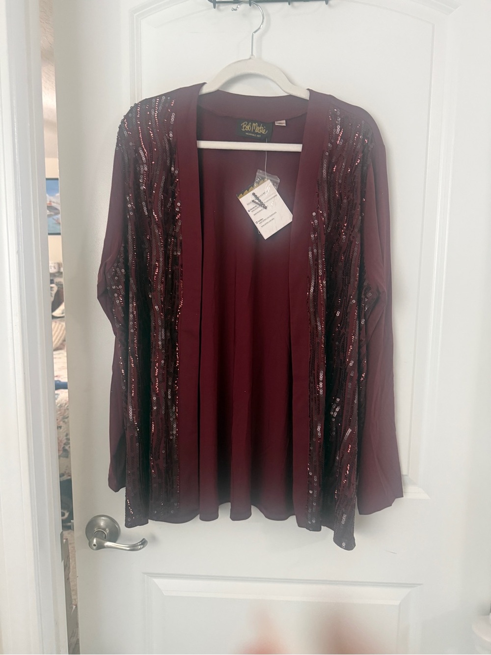 Bob Mackie Draped Sequin Trim Cardigan in Deep Wine